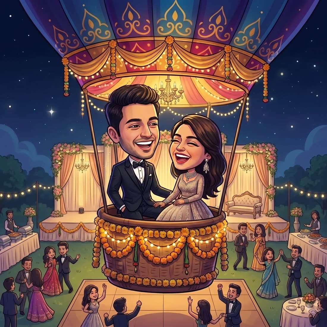 Caricature of the couple at their reception in a hot air balloon above the dance floor